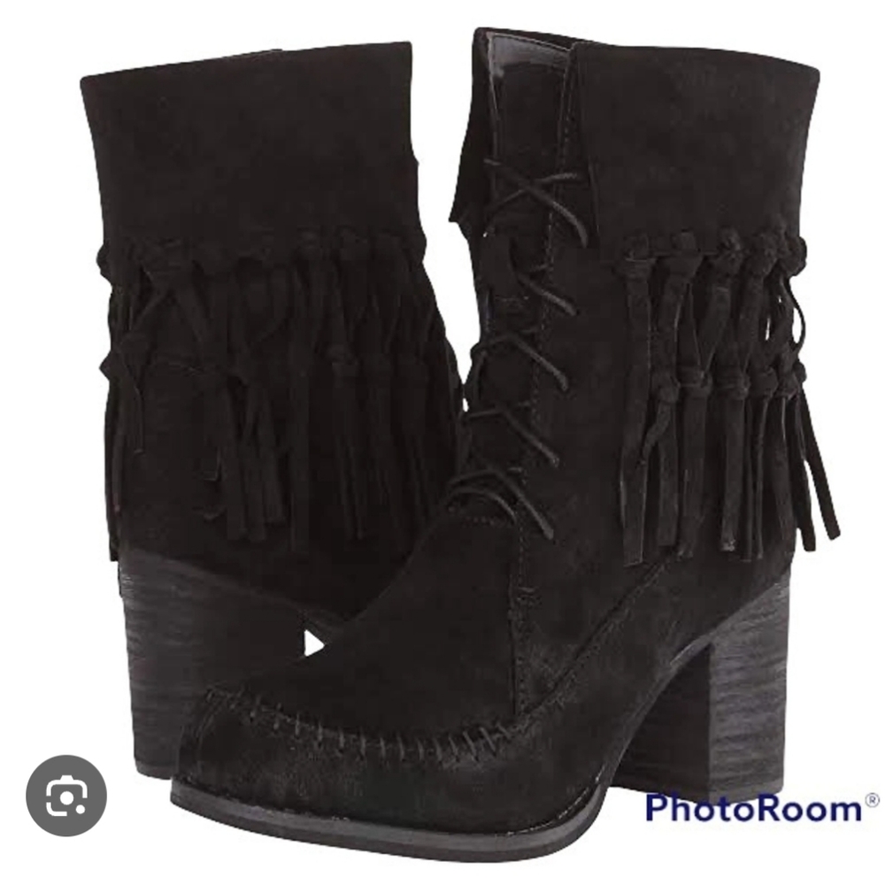 Sbicca Wagon Boot Black Suede Fringe Lace-Up Size 7.5